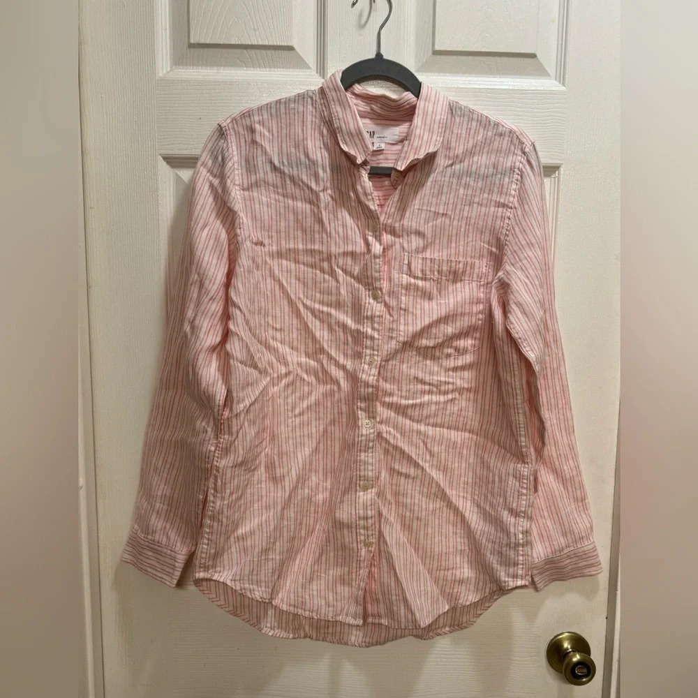 GAP Linen Boyfriend Fit Long Sleeve Button Up Shirt White Orange Stripe Size Sm